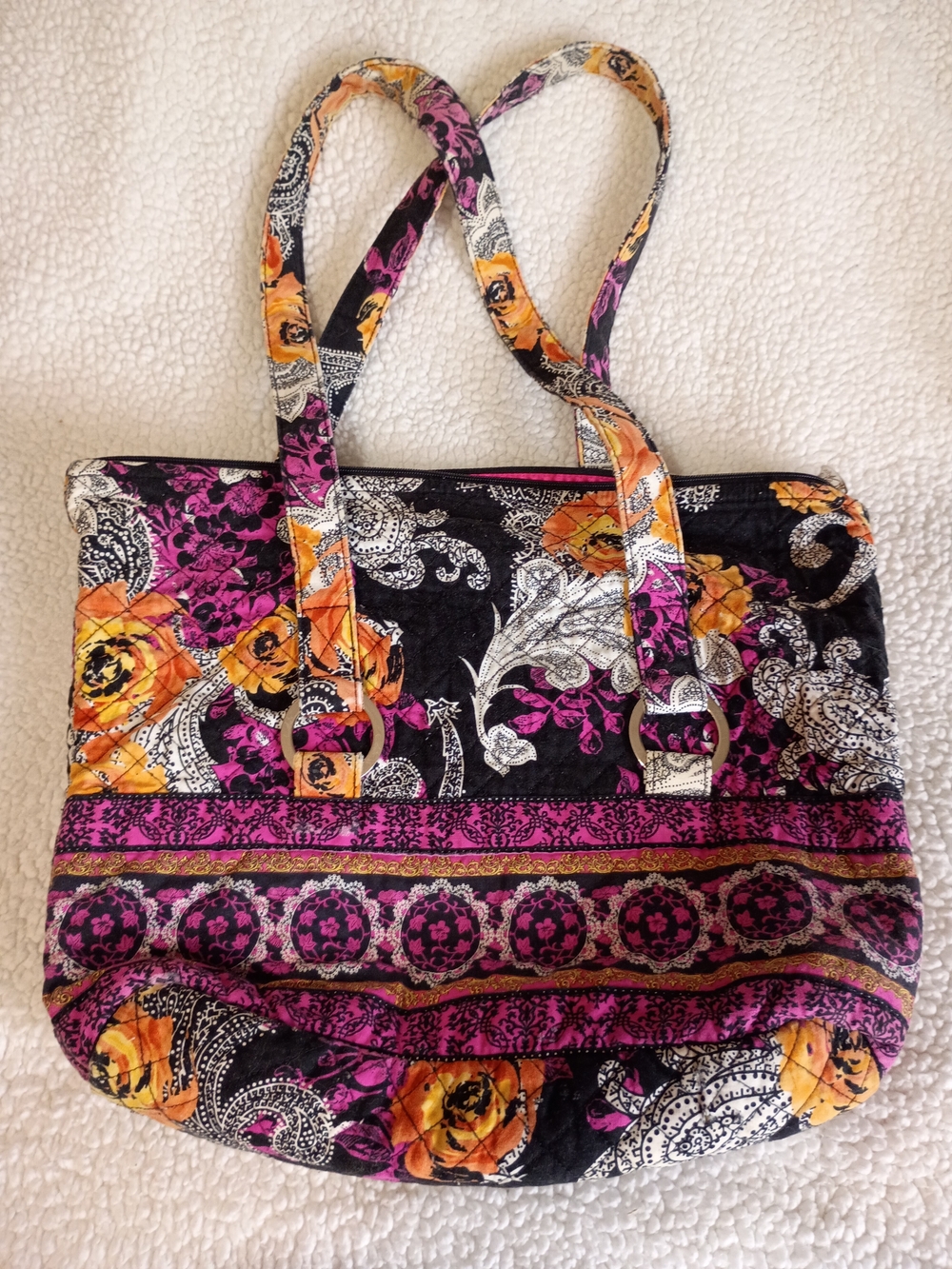 Quilted Floral Tote Bag in Black, Purple & Orange